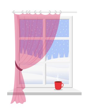 Kış karla kaplı manzara bakan kırmızı perde pencere. Pencereden Ladin, kar, mavi gökyüzü ve düşen kar görebilirsiniz. Vektör çizim.