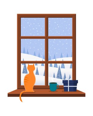 Kış manzara bakan pencere. Vektör çizim.
