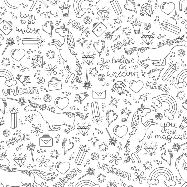 Tek boynuzlu atlar, taç, sihirli değnek, kristaller, kalpler, gökkuşağı ve harflerile siyah ve beyaz peri desen. Doodle tarzında el çizilmiş dikişsiz desen. Vektör çizimi. 