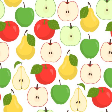 Beyaz arka plan üzerinde elma ve armut ile Meyve desen. Vektör çizimi.