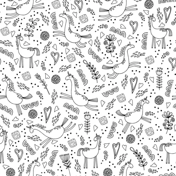 Hand Drawn Seamless Pattern Unicorns Black White Vector Illustration Baby — Stock Vector