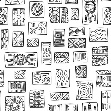 Etnik Afrika kusursuz desen. Beyaz arka plan üzerine çizilmiş kabile çizimleri.