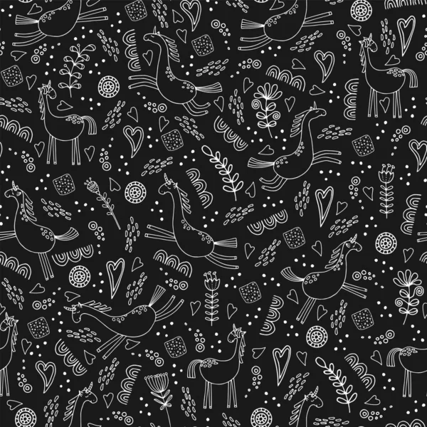 Χειροποίητα Χωρίς Ραφές Μονόκερους Μαύρο Φόντο Απεικόνιση Διανυσματικών Φορέων — Διανυσματικό Αρχείο