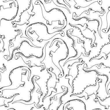 Dinozorlarla kusursuz desen. Beyaz arka planda elle çizilmiş dinozorlar. Vektör çizimi.