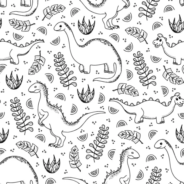 Hand Drawn Seamless Pattern Dinosaurs Exotic Leaves Black White Vector — Stock Vector