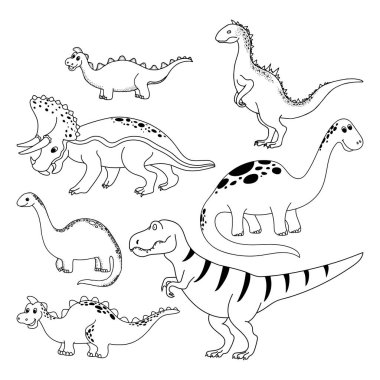 Dinozorlar ayarlandı. Beyaz arka planda elle çizilmiş vektör dinozorlar. Karikatür Dino.