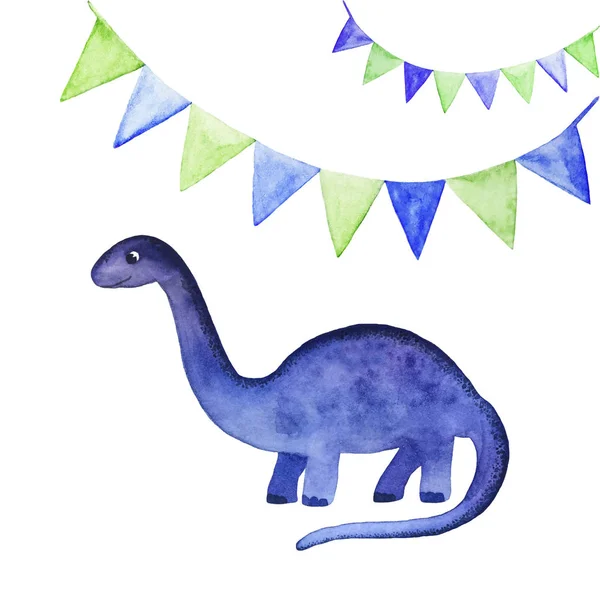 Watercolor illustration with cute dinosaur and festive flags isolated on white background.