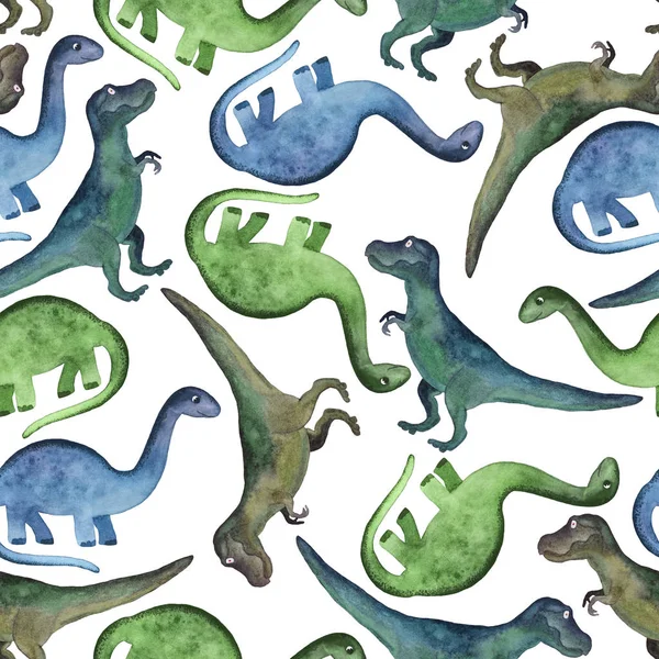 Seamless Pattern Dinosaurs White Background Prehistoric Animals Painted Watercolor — Stock Photo, Image