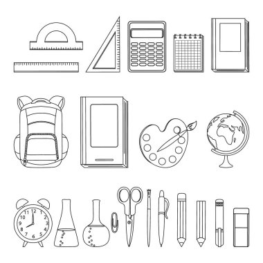 Okul malzemeleri ayarlandı. Beyaz arka plan üzerinde elle çizilmiş kırtasiye. Vektör çizimi.
