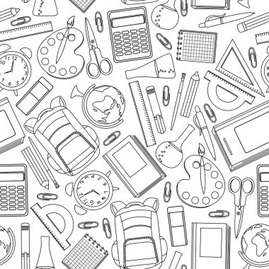 Okul sorunsuz desen sağlar. Beyaz arka plan üzerinde elle çizilmiş kırtasiye. Vektör çizimi.