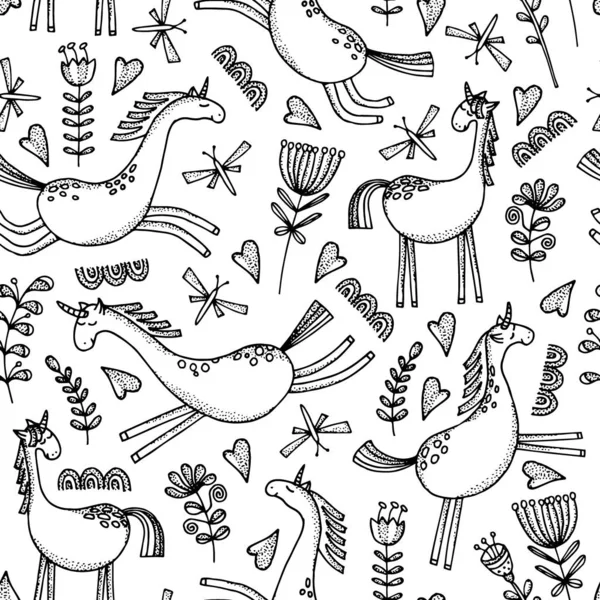 Patrón Sin Costuras Con Caballos Voladores Dibujados Mano Flores Exóticas — Vector de stock