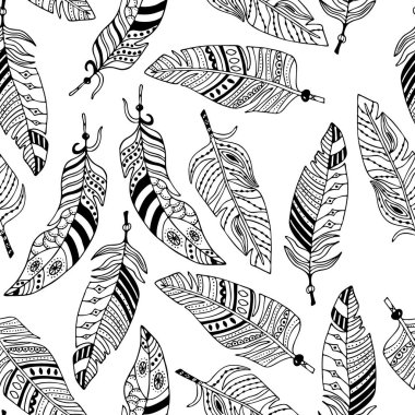 Tüyler dikişsiz desen. Beyaz arka planda elle çizilmiş etnik tüyler, vektör çizimi.