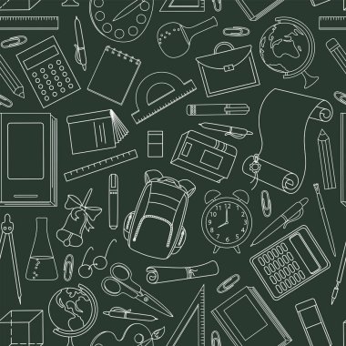 Okula geri dönelim kusursuz desen. Okul Panosunda el çizilmiş vektör okul malzemeleri ve kırtasiye.