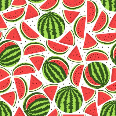 Karpuz dikişsiz desen. Beyaz arka planda bütün ve dilimlenmiş olgun karpuzlar ve karpuz tohumları.