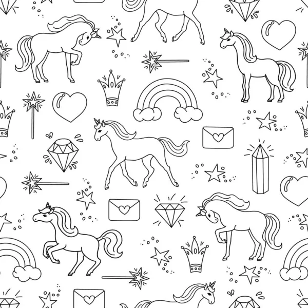 Patrón Sin Costura Dibujado Mano Con Unicornios Patrón Dibujos Animados — Vector de stock