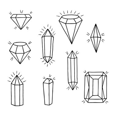 Taşlar ayarlandı. Beyaz arka planda mücevherlerin ve kristallerin elle çizilmiş koleksiyonu. 