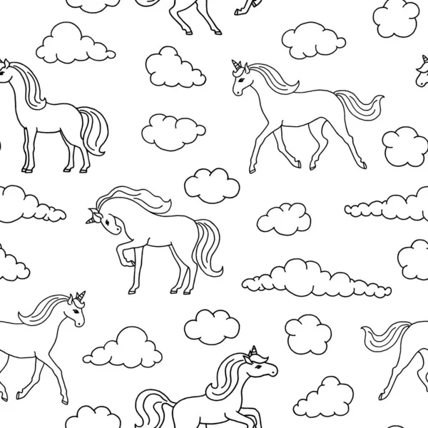 Patrón Sin Costuras Con Unicornios Fondo Vectorial Con Unicornios Nubes — Vector de stock