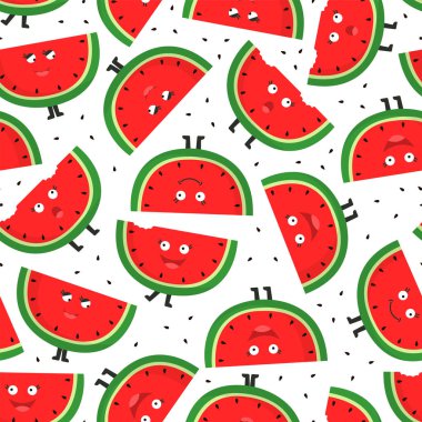 Karpuz dilimleri ile dikişsiz desen. Sevimli çizgi film karakteri. Meyve arka plan.