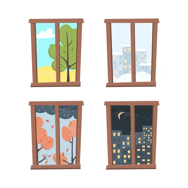 Ventanas Con Vista Paisaje Estilo Plano Primavera Invierno Otoño Paisaje — Vector de stock