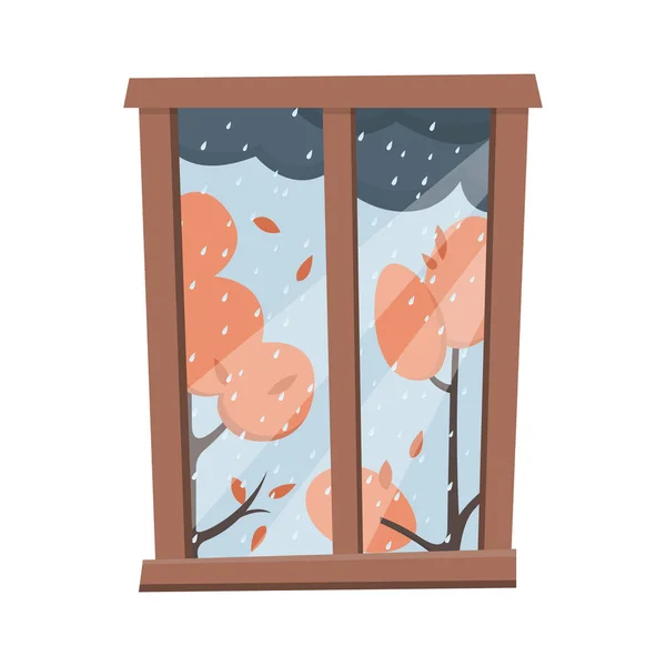 雨の秋の景色を望む窓 フラットスタイルベクトルイラスト — ストックベクタ