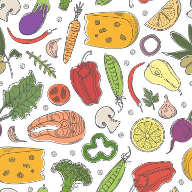 Renkli sağlıklı gıda ile dikişsiz desen. Beyaz arka planda vektör çizimleri.