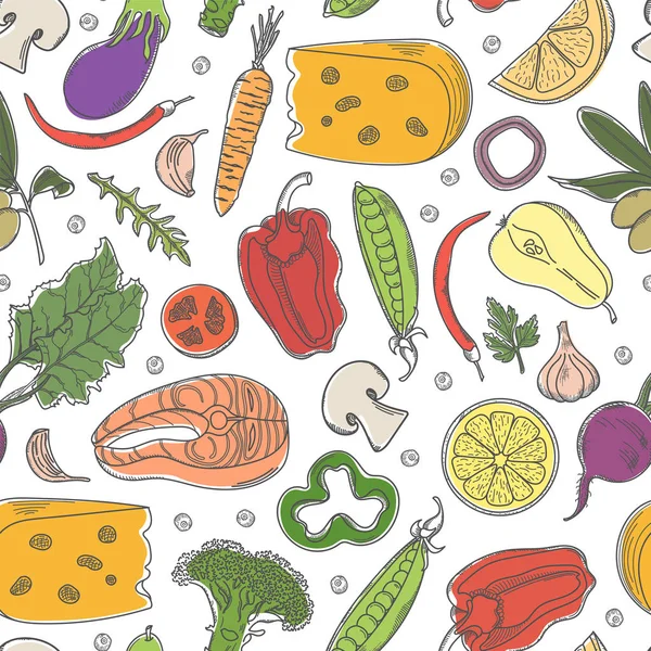 Seamless Pattern Colored Healthy Food Vector Illustrations White Background — Stock Vector