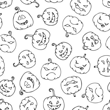 Cadılar Bayramı balkabağı deseni. El çizilmiş kabaklar sorunsuz desen. Vektör çizimi.