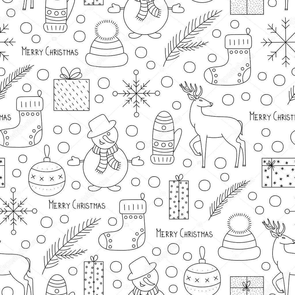 Drawn seamless Christmas pattern with deer, snowman, gift boxes and snowflakes. Doodle style vector illustration.