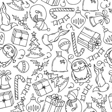 Mutlu yıllar ve mutlu Noeller sorunsuz desen. Doodle karikatür tarzı. Hediye paketleme kağıdı, kış tatili tebrik kartı için harika.