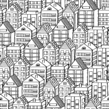 Doodles evler dikişsiz desen. Siyah beyaz el çizilmiş evlerde şehir deseni.