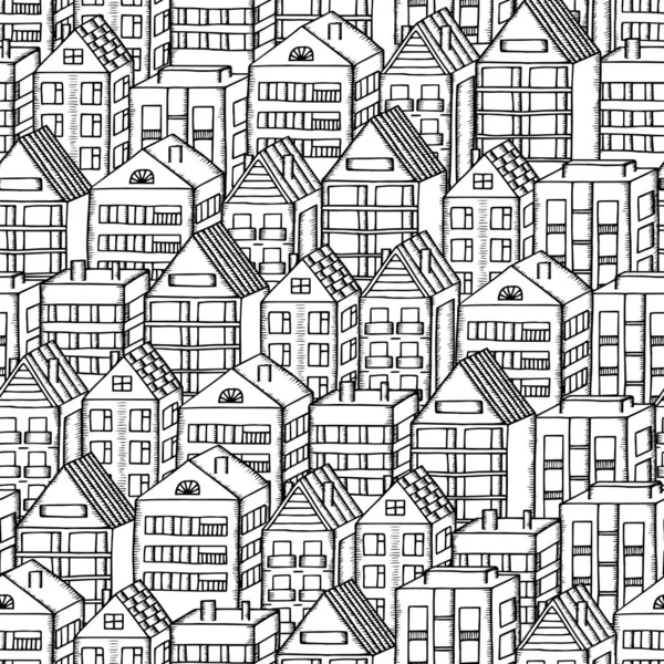 Doodles Houses Seamless Pattern City Pattern Black White Hand Drawn — Stock Vector