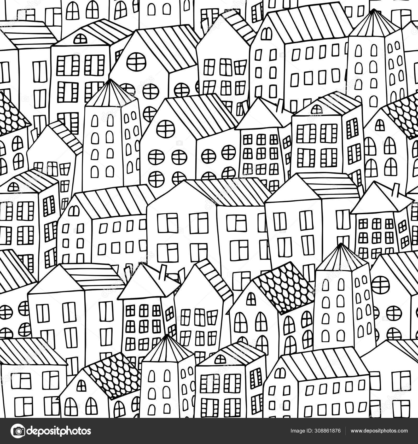 Cartoon Hand Drawing City Houses Seamless Pattern Black White Repeating ...