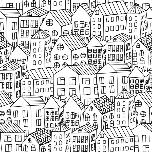 Cartoon hand drawing city houses seamless pattern. Black and white repeating background for coloring. Doodle houses.