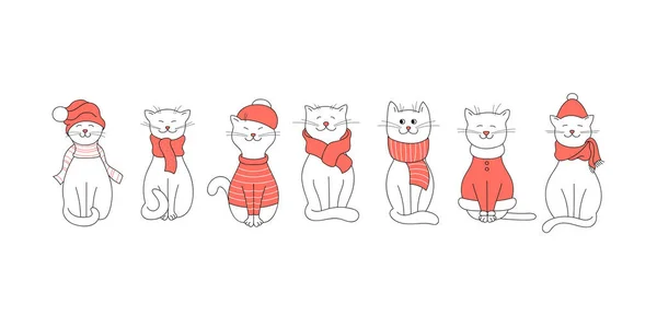 Inverno Vetorial Definido Com Gatos Bonitos Roupas Gatos Brancos Chapéus — Vetor de Stock