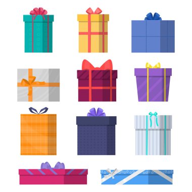 Hediye kutularının vektör çizimi. Renkli hediye kutuları seti.