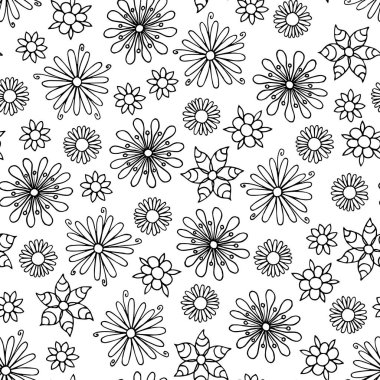 Siyah beyaz elle çizilmiş kusursuz çiçek deseni.