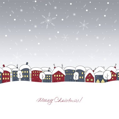 Merry Christmas. City winter landscape with houses and trees. Vector illustration.