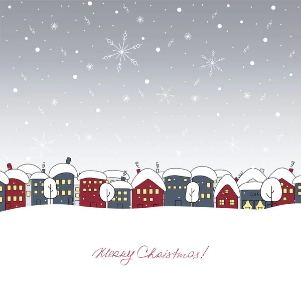 Merry Christmas. City winter landscape with houses and trees. Vector illustration.