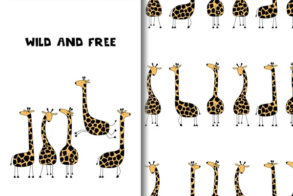 Grußkarte Und Nahtloses Muster Mit Lustigen Giraffen — Stockvektor
