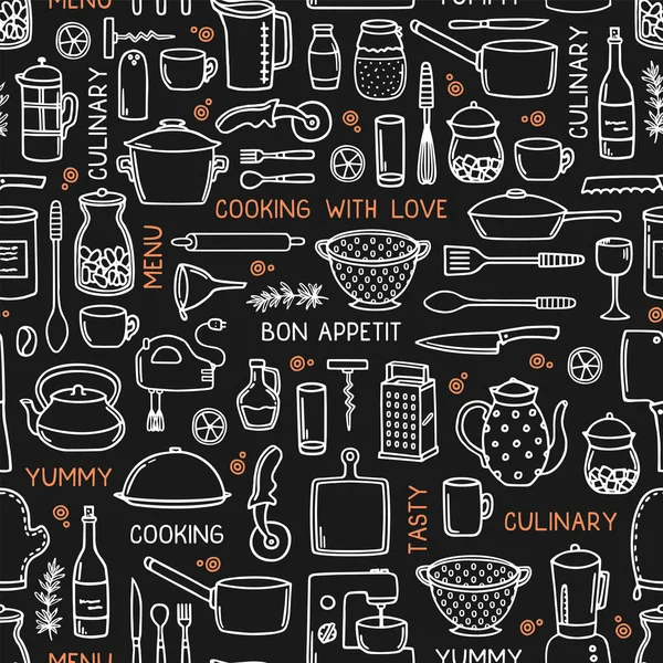 Fondo Sin Costuras Cocina Estilo Doodle Sobre Negro — Vector de stock