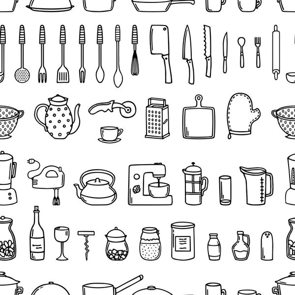 Кухня бесшовный фон в стиле каракули на белом
.