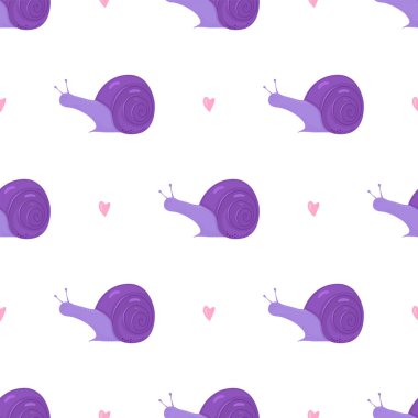 Beyaz salyangoz ve kalpler pürüzsüz desen. Vektör illüstrasyonu.