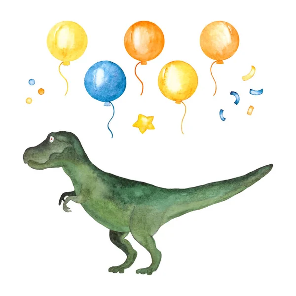 Conjunto Acuarela Para Las Vacaciones Dinosaurios Globos Estrellas Serpentinas Ilustración — Vector de stock