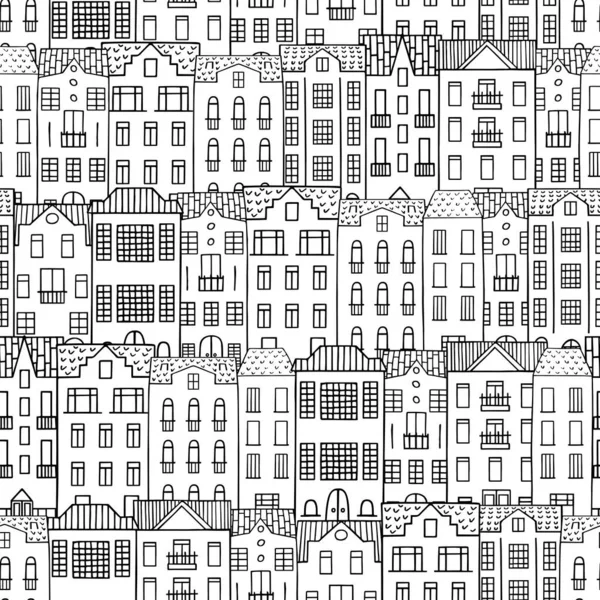 Nahtloses Muster Mit Handgezeichneten Doodle Häusern Hintergrund Stadthäuser — Stockvektor