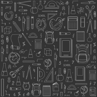 Okuldaki vektör illüstrasyonuna dönelim. Okul malzemeleri siyah arkaplan üzerine.