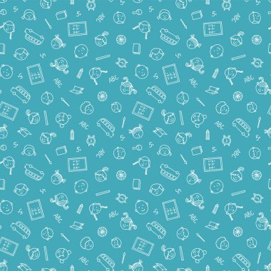 Eğlenceli çocuklarla okula sorunsuz bir şekilde geri döndüm. Açık mavi arka planda çocukların, okul otobüsünün, kalemin, cetvelin, topun ve tahtanın sevimli el çizimi komik yüzleri..