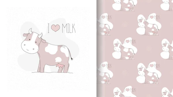 用可爱的奶牛画卡片和无缝图案 — 图库矢量图片