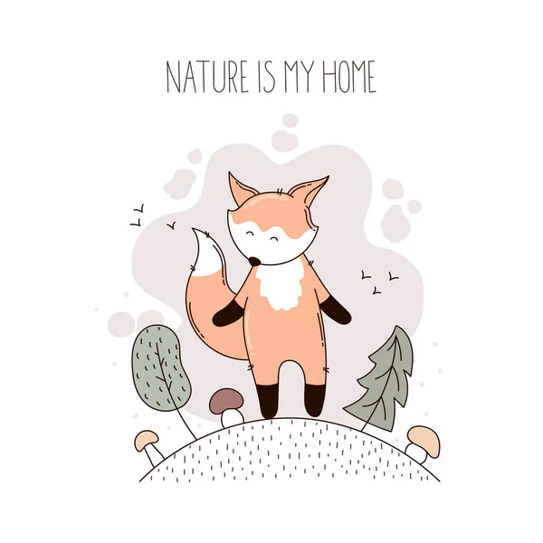 Cute Fox Forest Handwritten Text Nature Home — Stock Vector