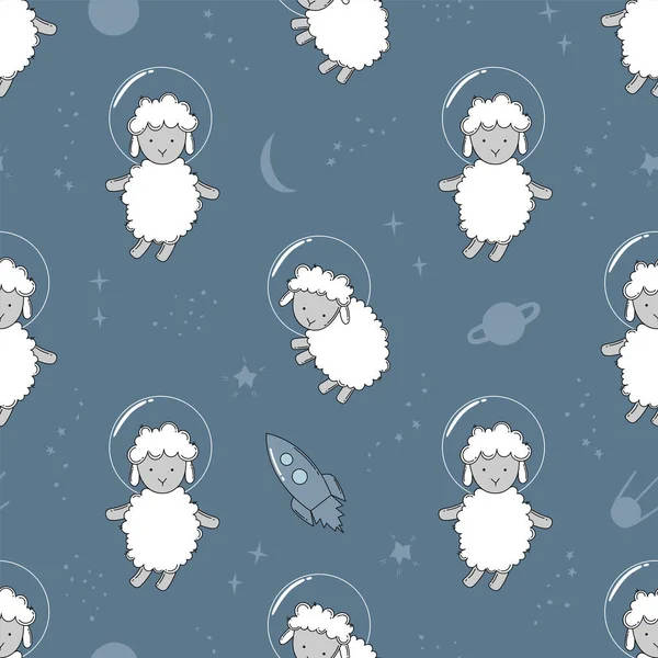 Handgezeichnete Schafe Kosmonauten Nahtlose Muster — Stockvektor