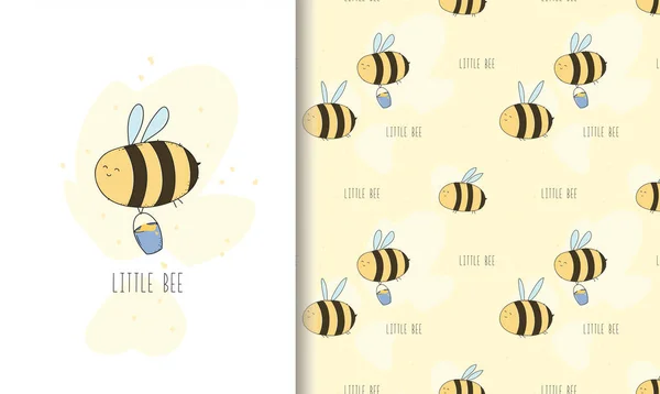 Cute Little Bee Greeting Card Seamless Pattern — Stock Vector